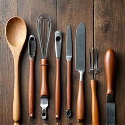 Cooking utensils on a rustic wooden table.