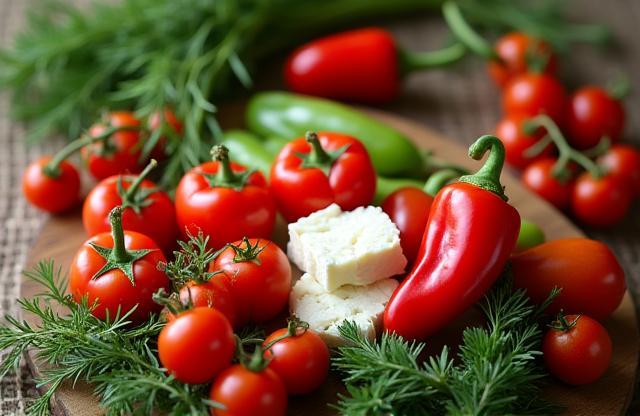 Assortment of fresh Bulgarian ingredients like peppers, tomatoes, herbs, and cheese.